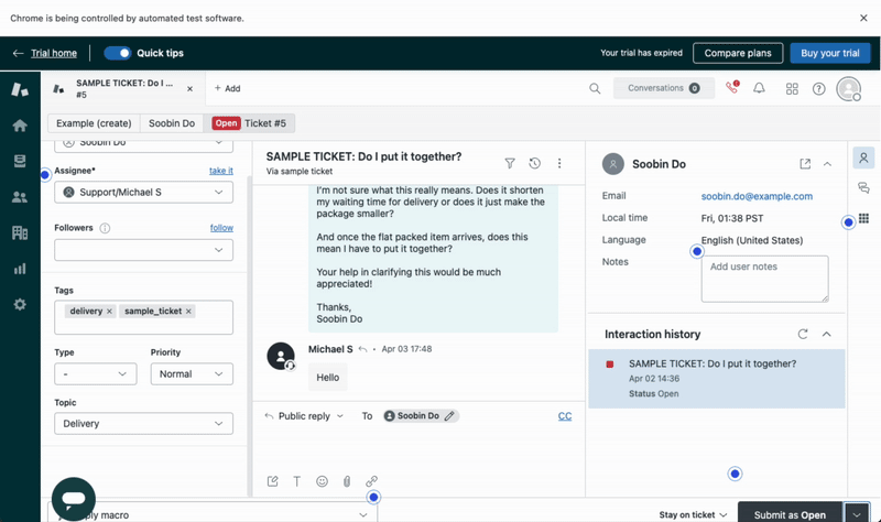 ZenDesk demonstration showing agent interaction